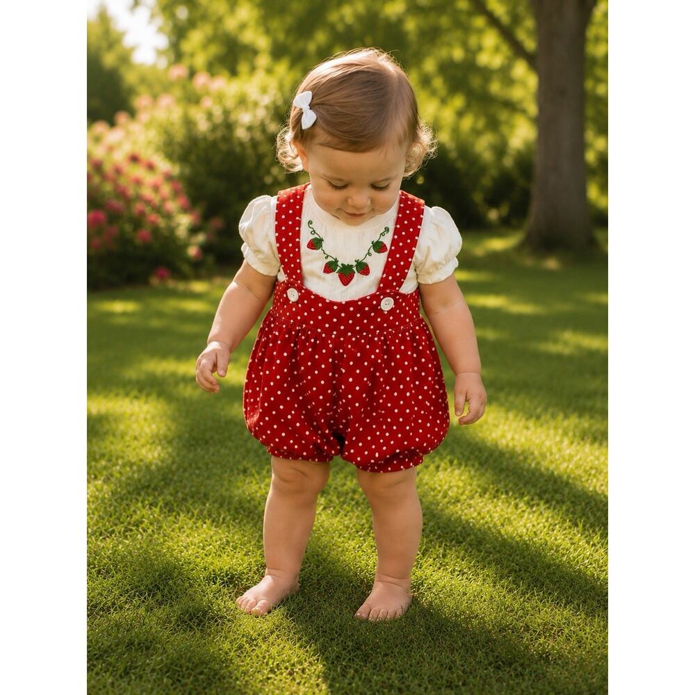Vintage Rebecca Raggs Original Girls 24M 2pc Strawberry Top & Polka Dot Overalls - Picture 7 of 7